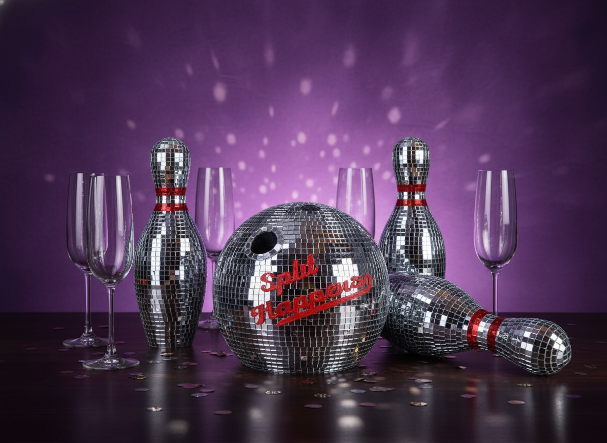 Mirror bowling set party table with champagne