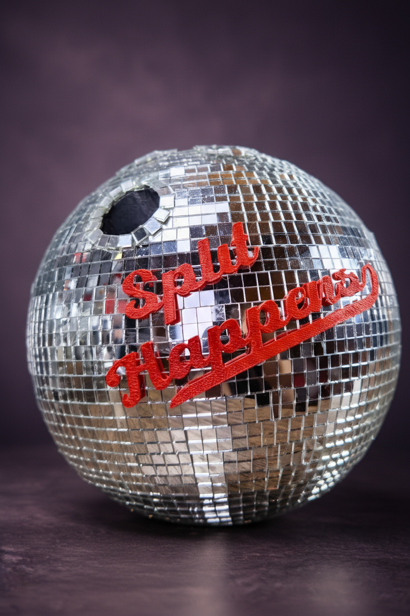 Split Happens disco mirror bowling ball closeup