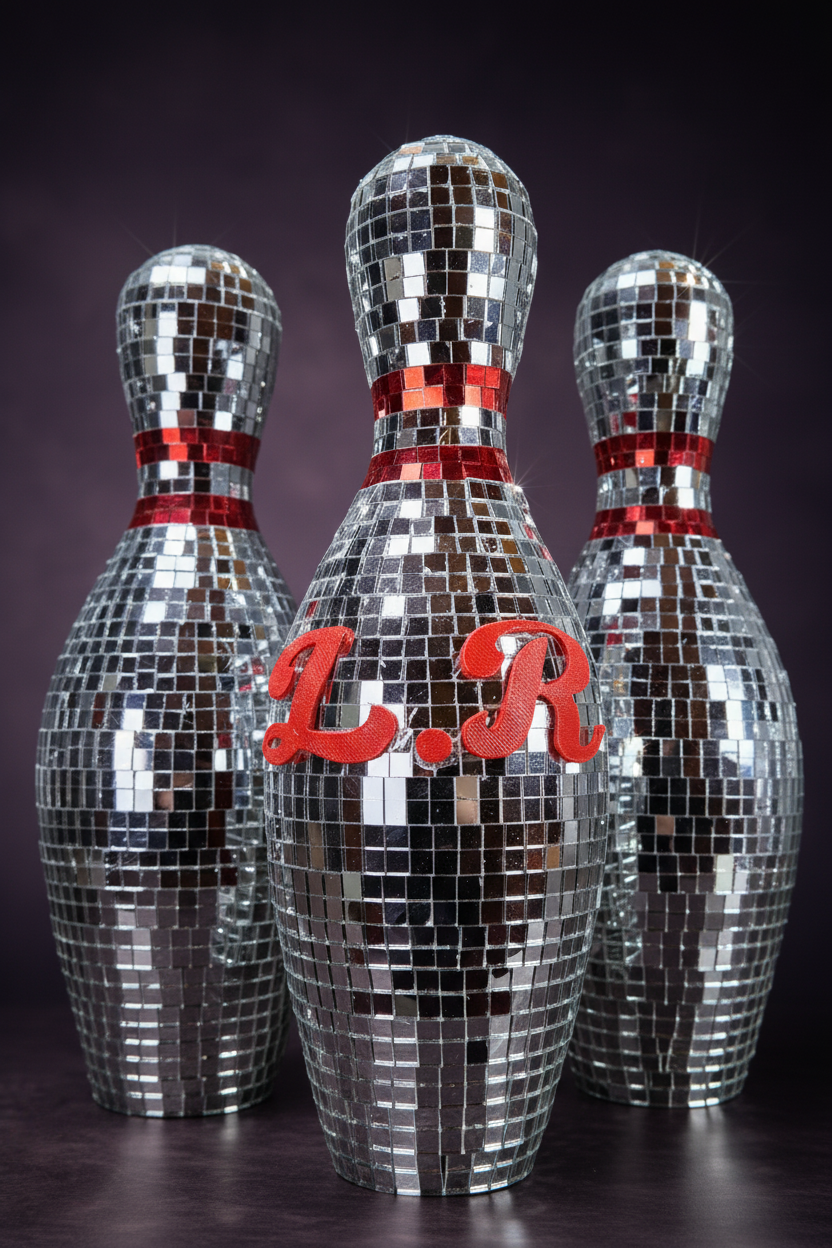 Disco mirror bowling pins detail closeup