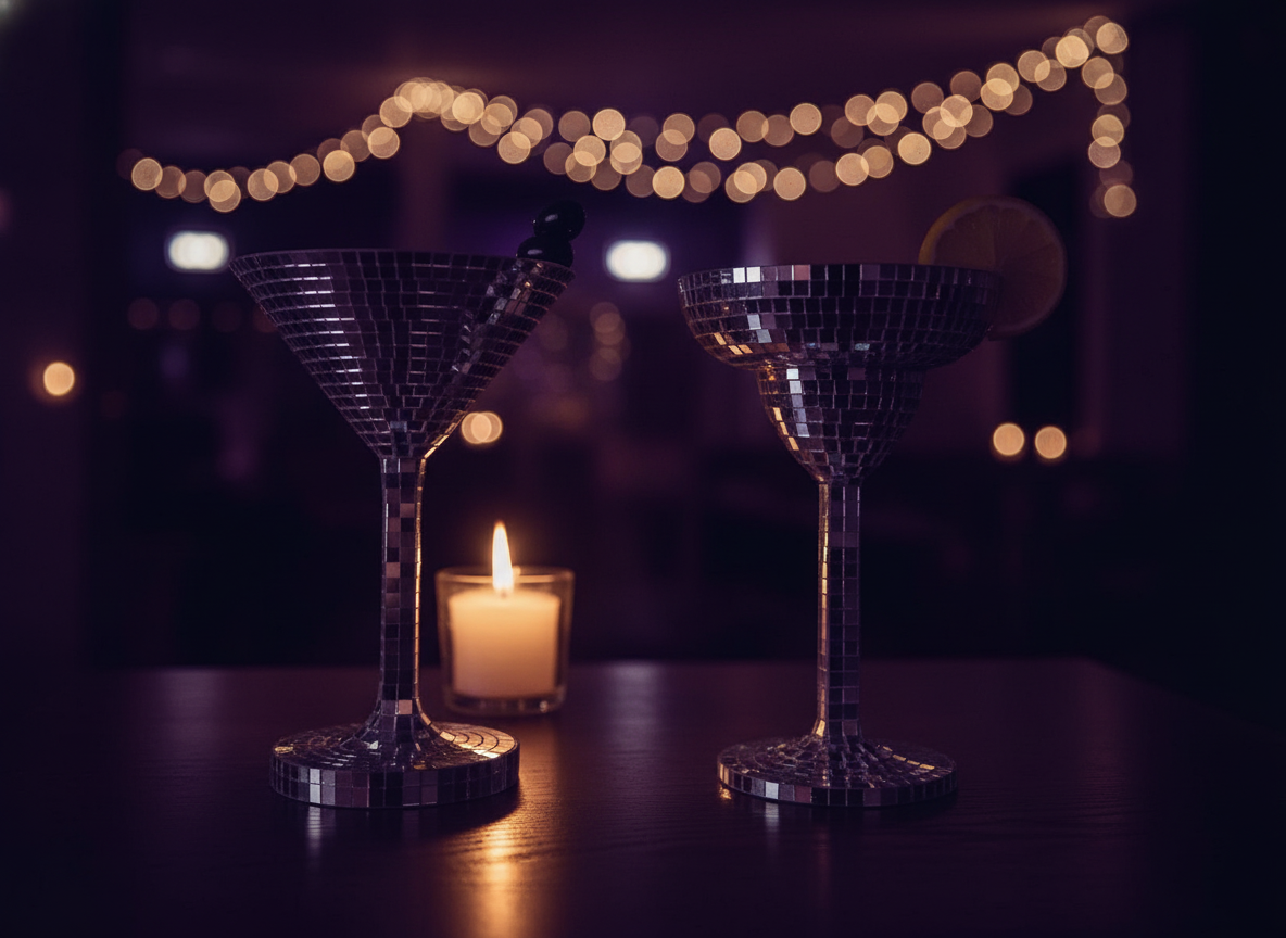 Happy Hour mirror tile planters on party table with candles and fairy lights