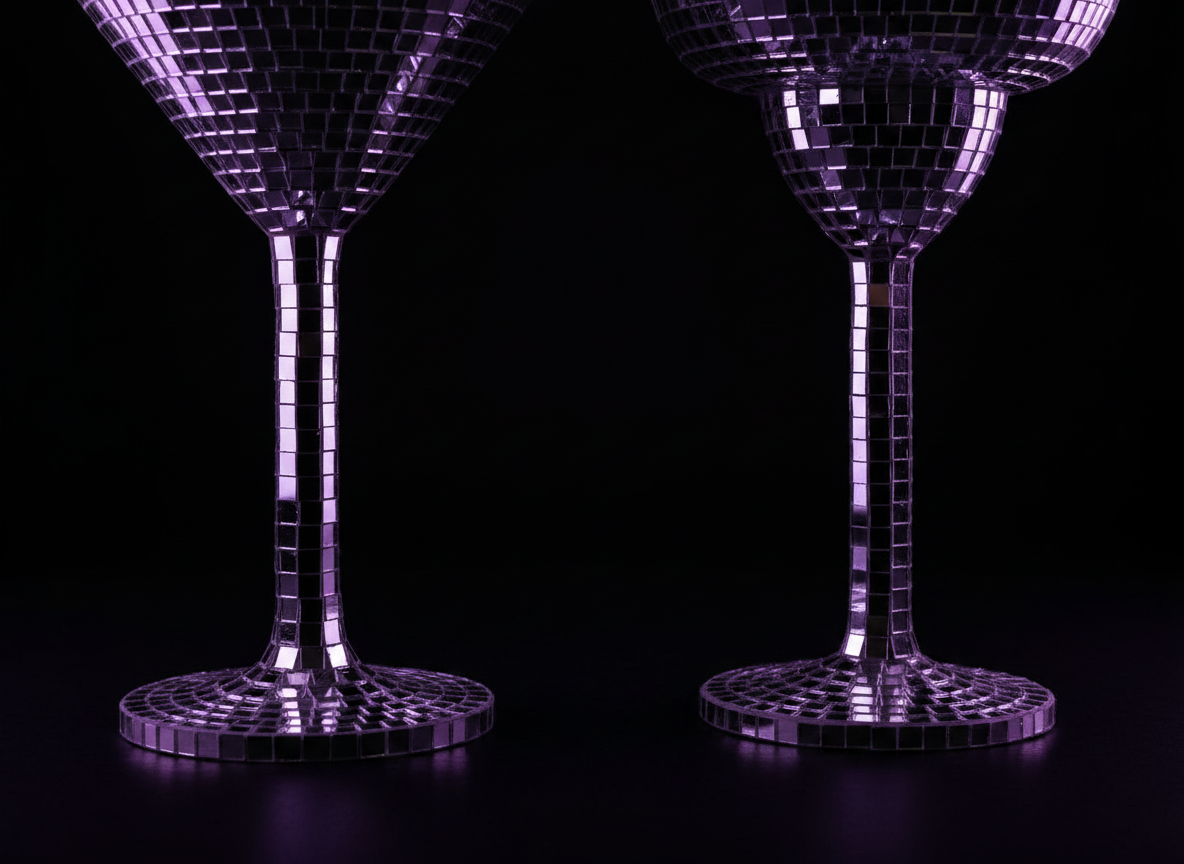 Close-up detail of Happy Hour mirror mosaic tiles on cocktail glass stem and base