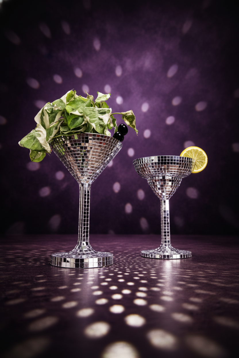 Happy Hour disco ball planters with disco bokeh party lighting