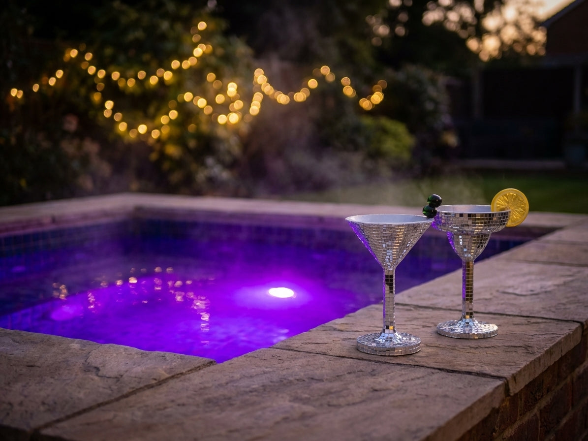 Happy Hour mirror tile cocktail glass planters by jacuzzi in evening light
