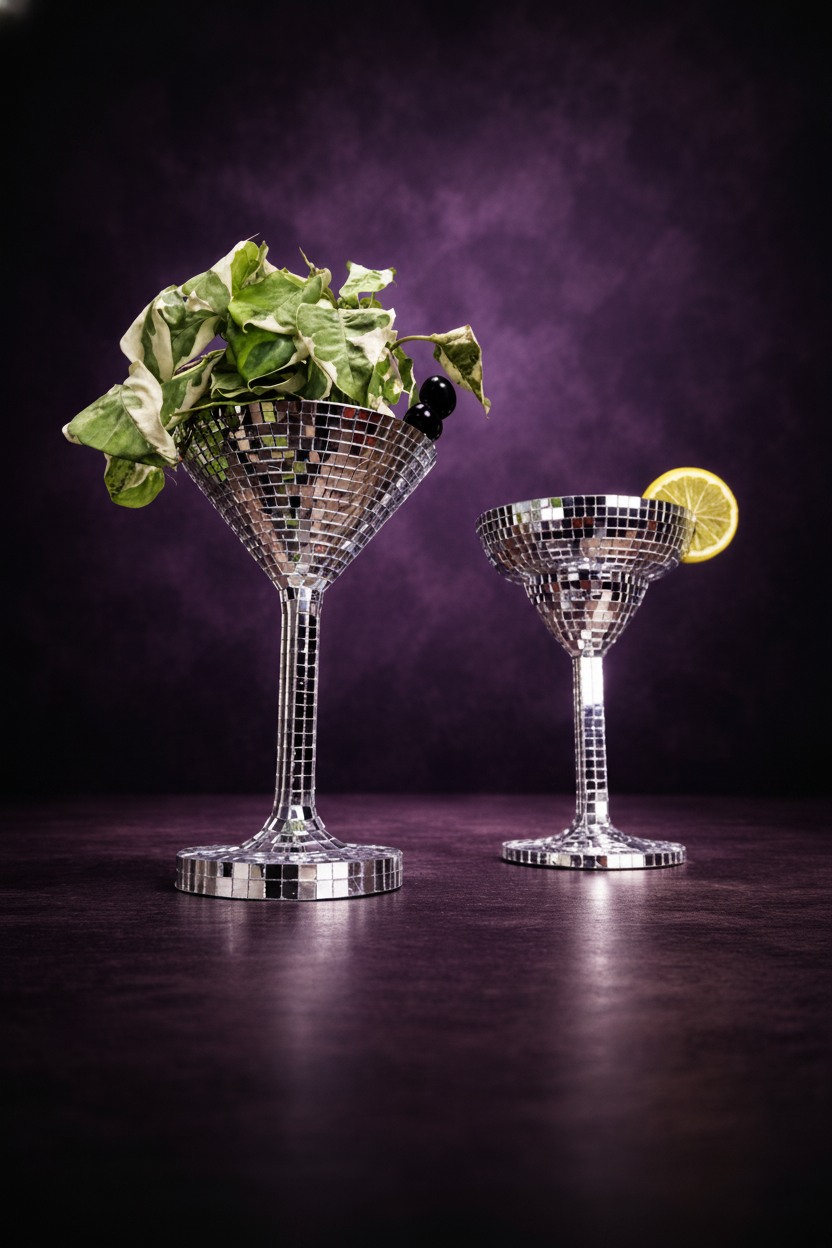 Happy Hour disco ball planters with plants and purple scatter light