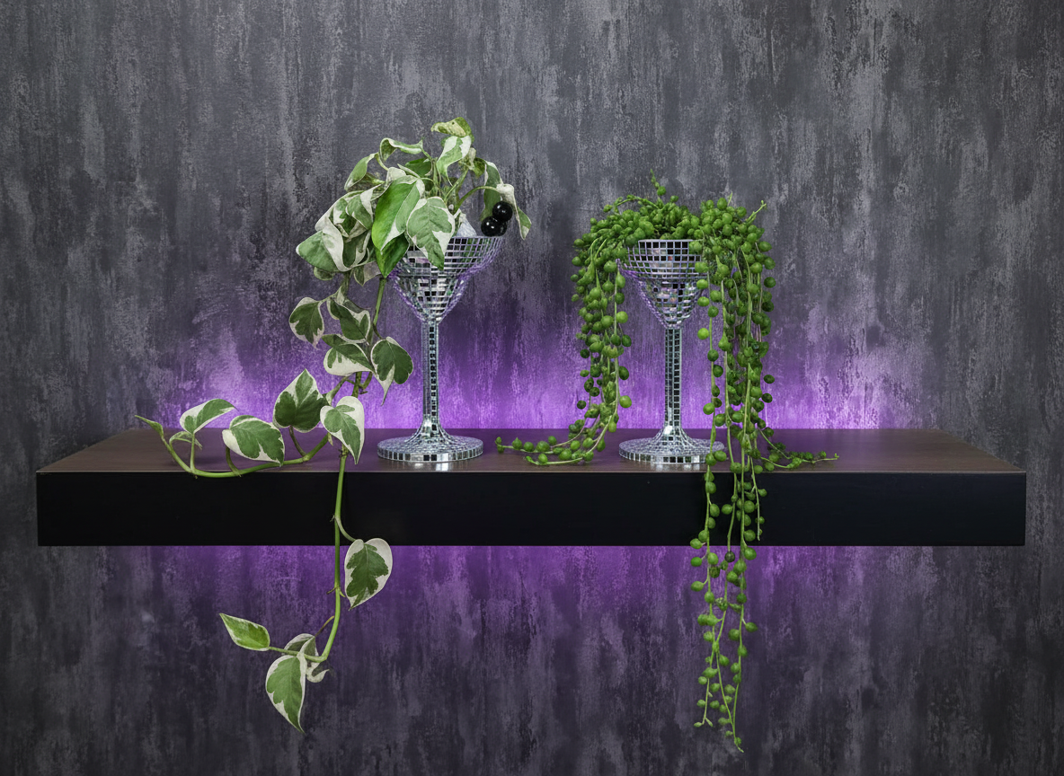 Happy Hour mirror mosaic planters styled on shelf with plants