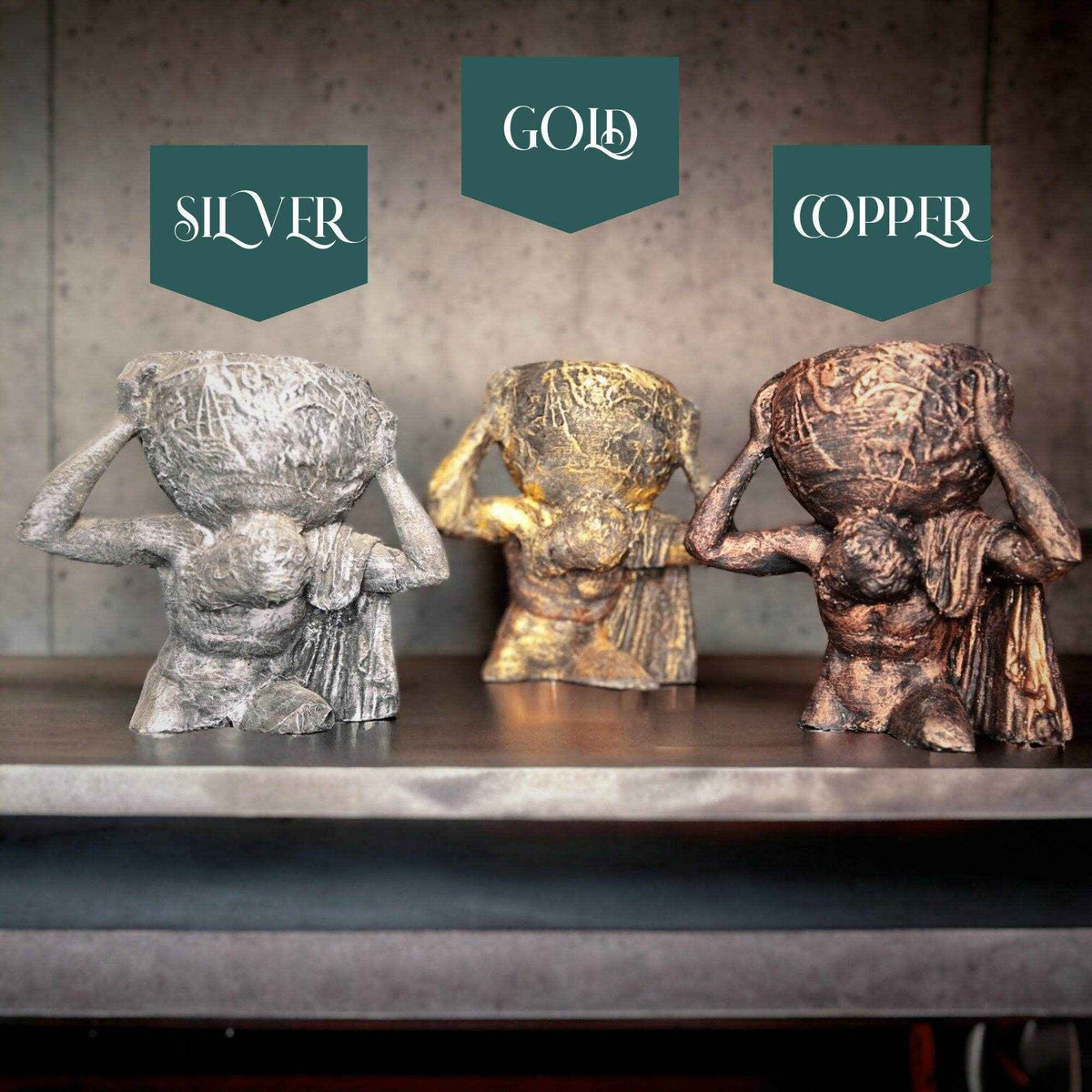 Atlas Greek God Concrete Planter side profile showing texture