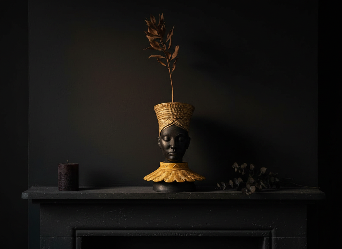 Nefertari planter on fireplace mantle