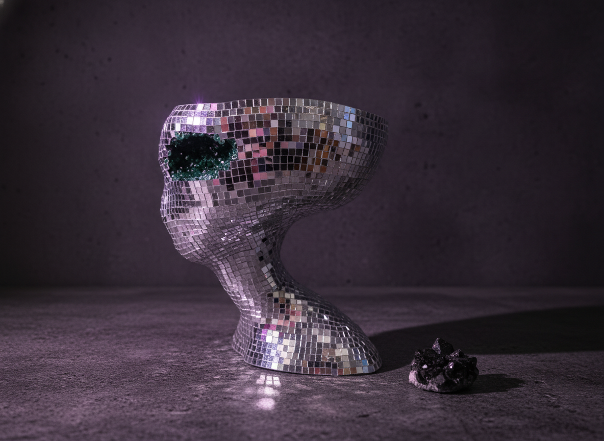 Mirror ball alien head with hand-finished glass mirror tiles - Ripleys Nest