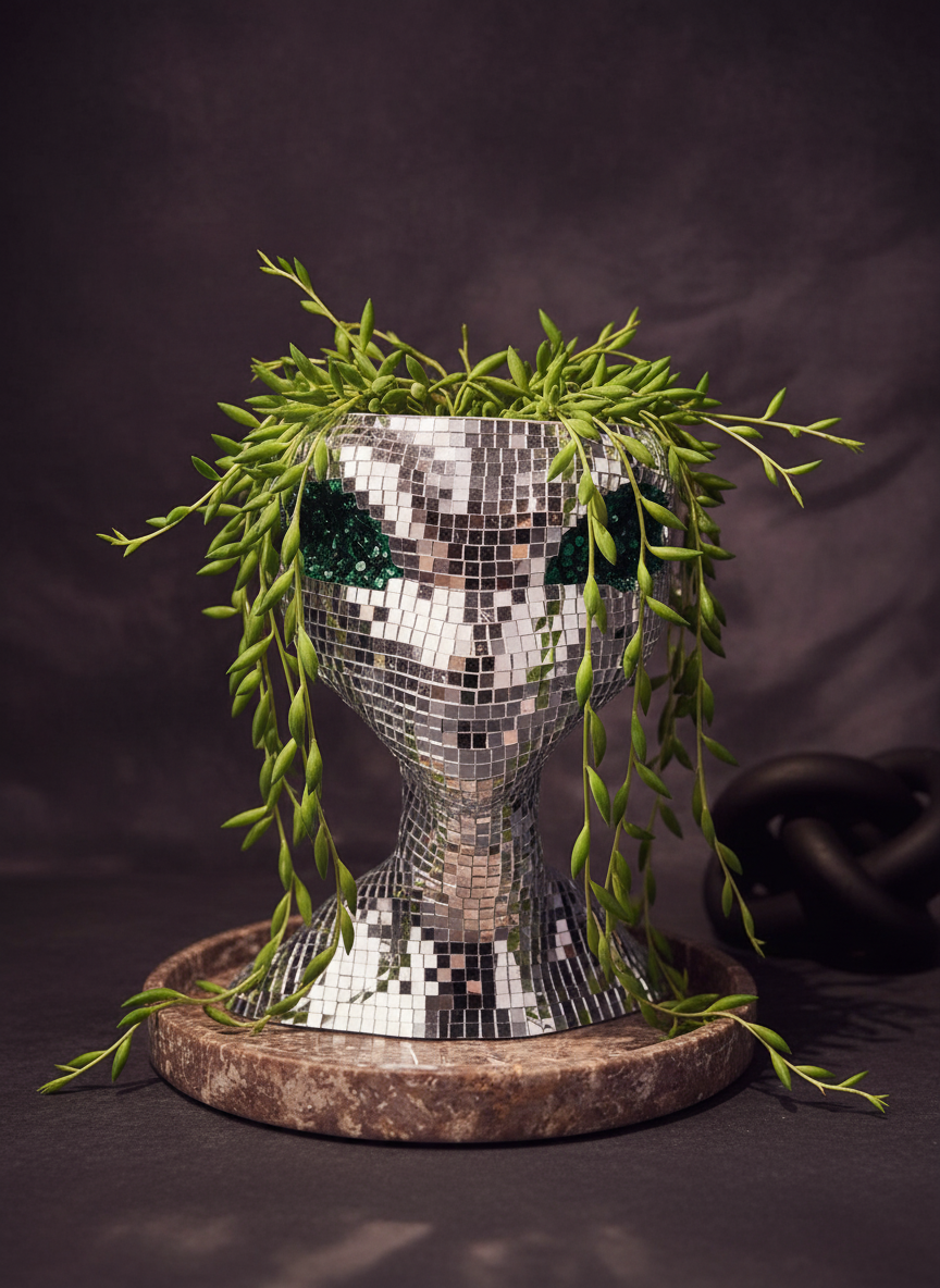 Close-up of mirror ball alien planter glass mirror tile detail