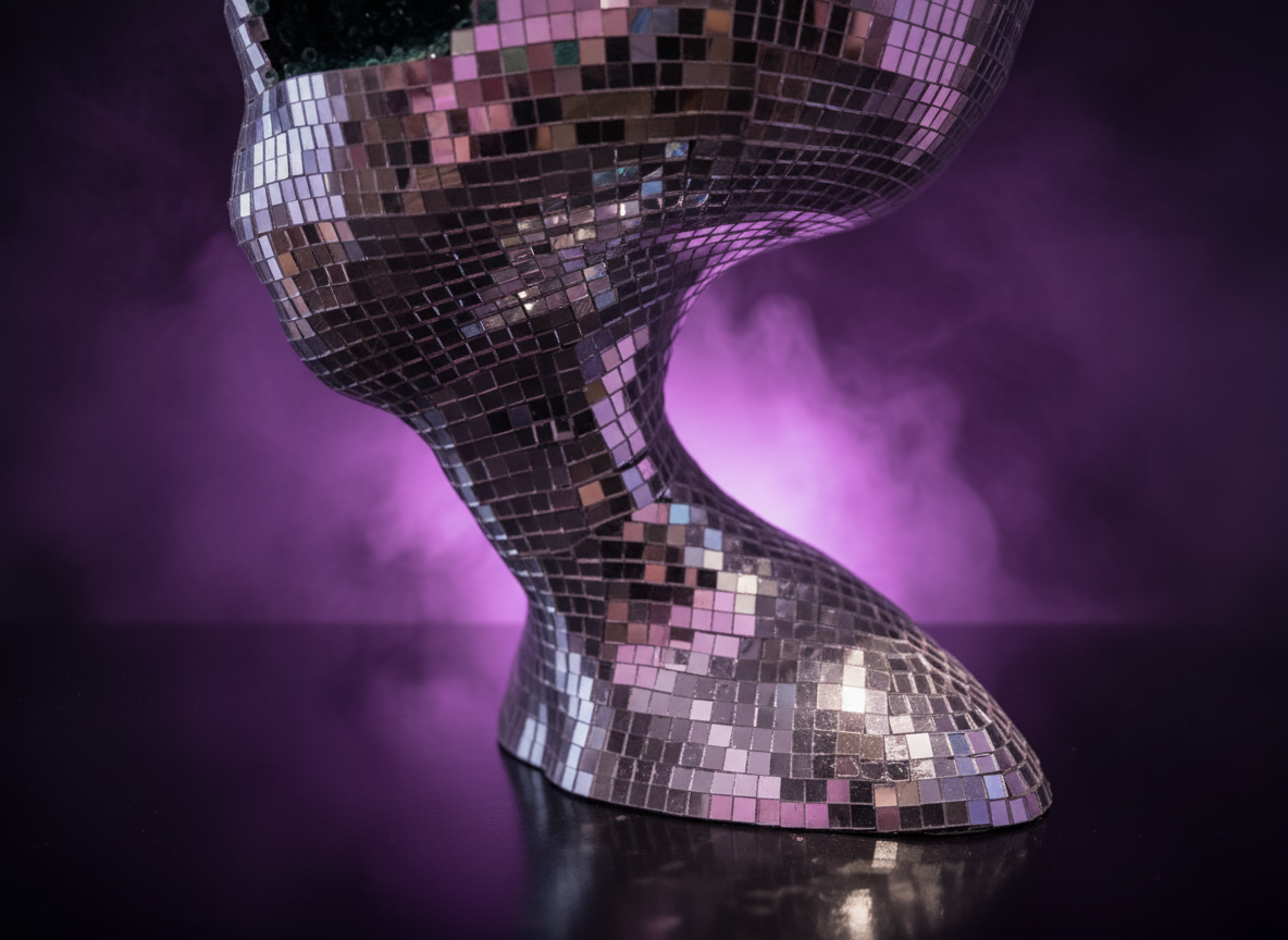 The Close Encounter alien sculpture with reflective mirror ball finish