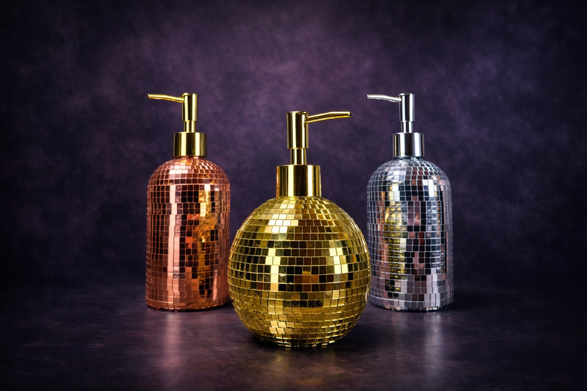 The Lather Ball mirror ball soap dispenser in gold on dark background