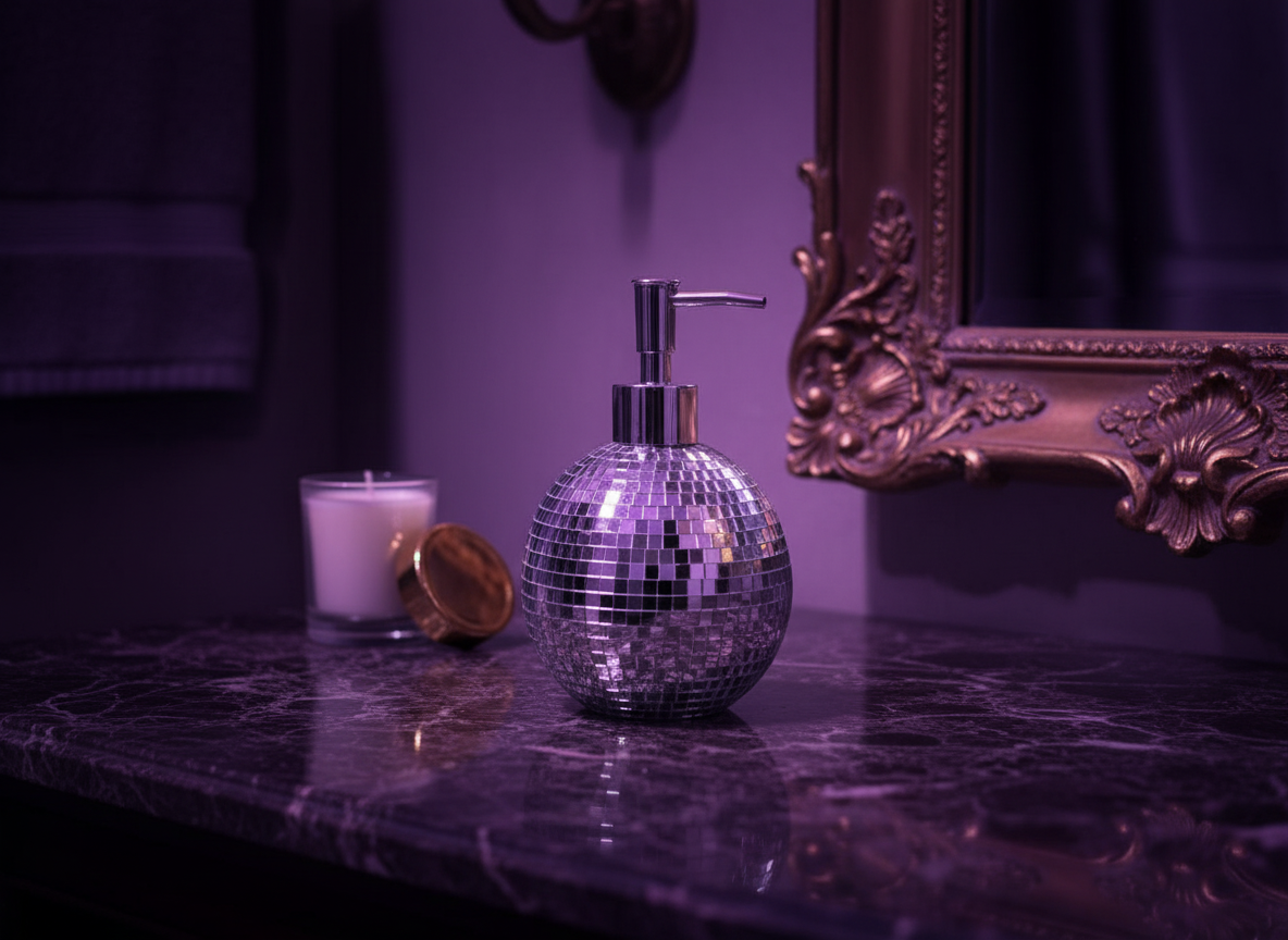 The Lather Ball mirror ball soap dispenser lifestyle bathroom setting