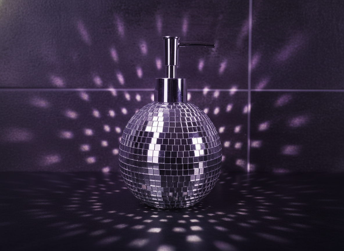 The Lather Ball classic shape gold mirror soap pump detail