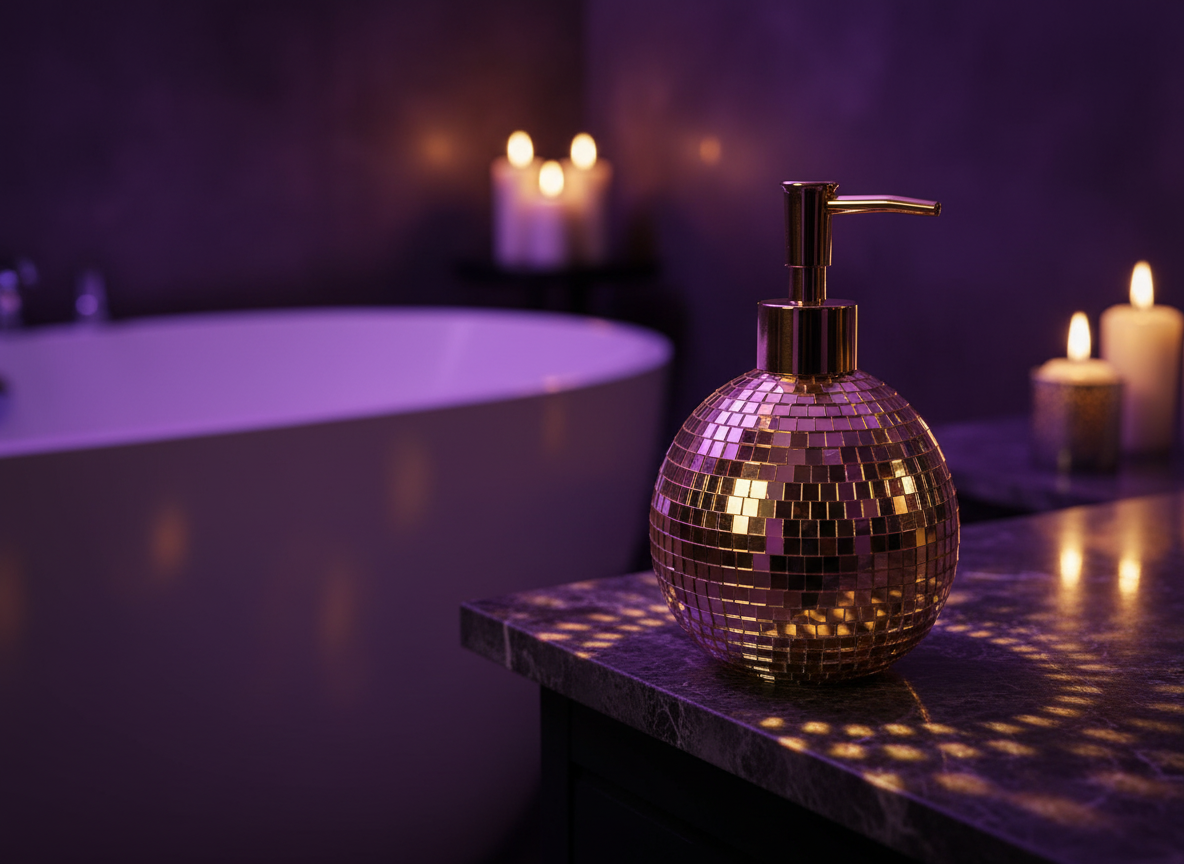 The Lather Ball silver mirror ball soap dispenser detail view