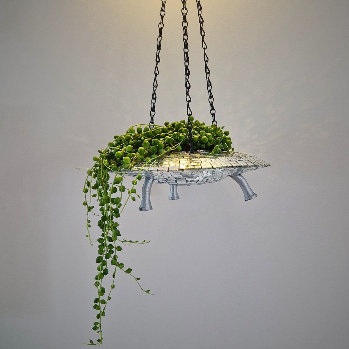 Cosmic UFO Mirror Ball Planter hanging with string of pearls plant, handcrafted mirror mosaic saucer form