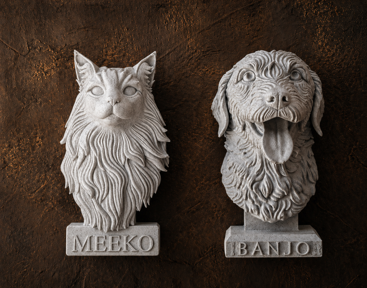 Personalised cat and dog memorial wall sculptures on a deep cocoa textured backdrop
