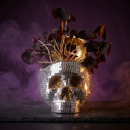 Silver mirror mosaic skull planter with purple shamrock plant on a smoky purple backdrop