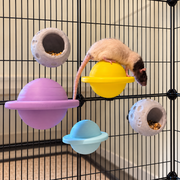 Cream rat on a yellow planet perch with the complete three-perch and two-moon set mounted on cage bars