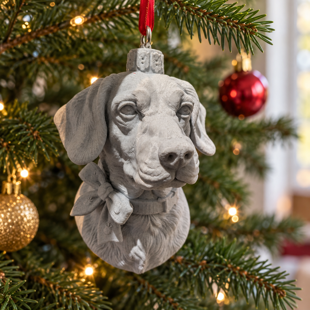 Personalised pet portrait bauble hanging on a Christmas tree