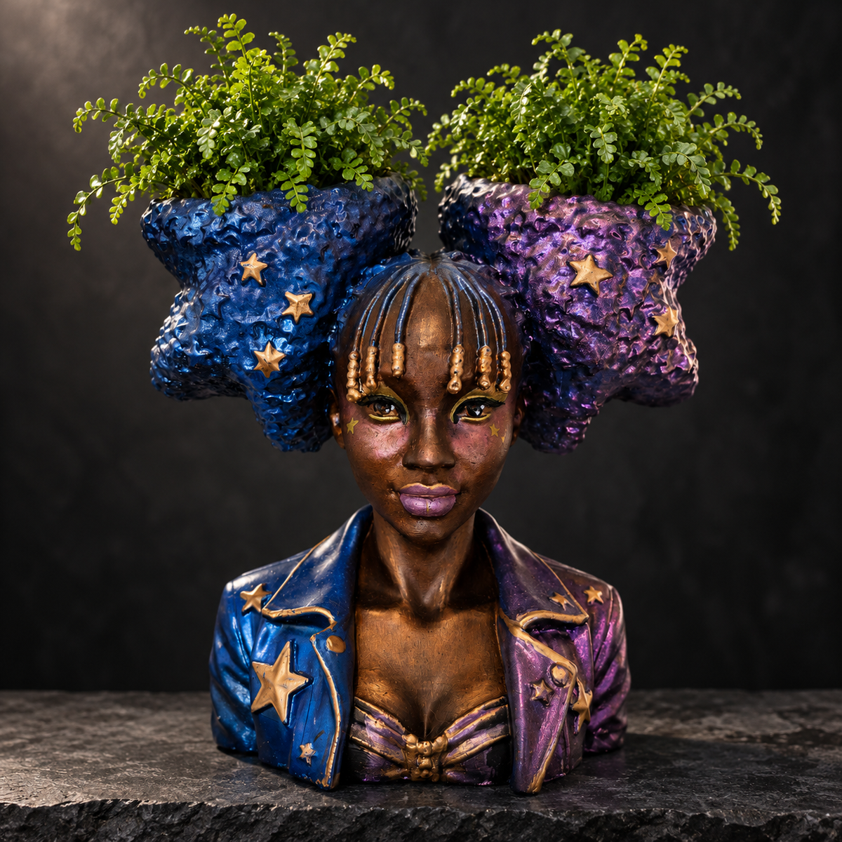 Star Afro head planter with compact textured green foliage in both cups on a dark slate plinth.