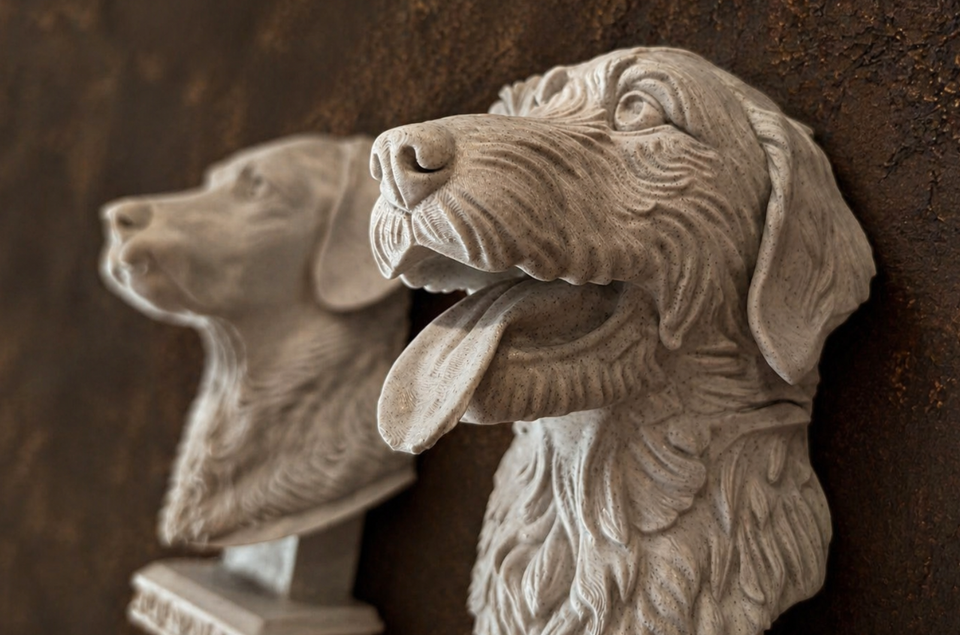 Close-up detail of a personalised dog memorial wall sculpture in a marble-effect finish