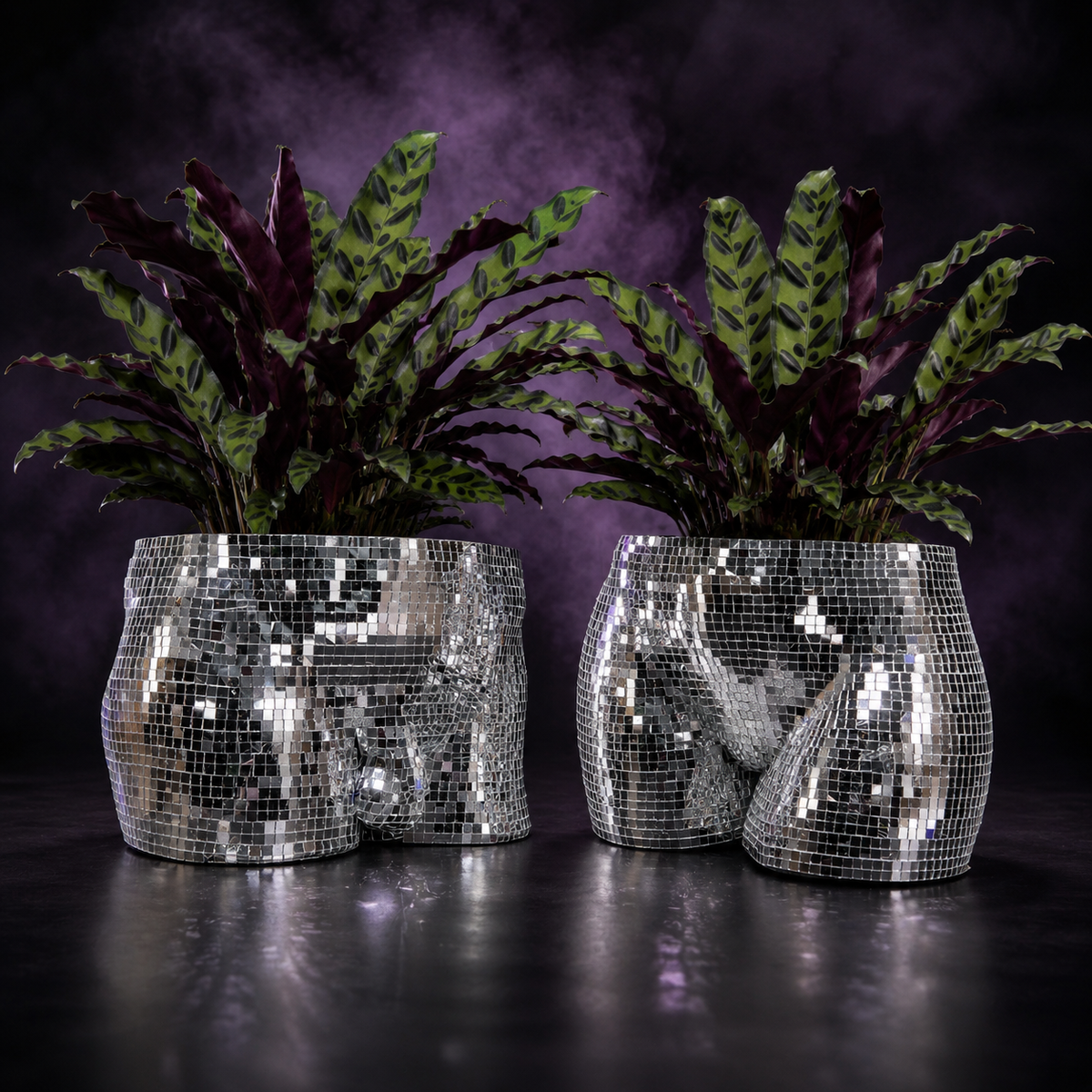 Pair of silver mirror mosaic torso planters with leafy plants on a purple studio backdrop