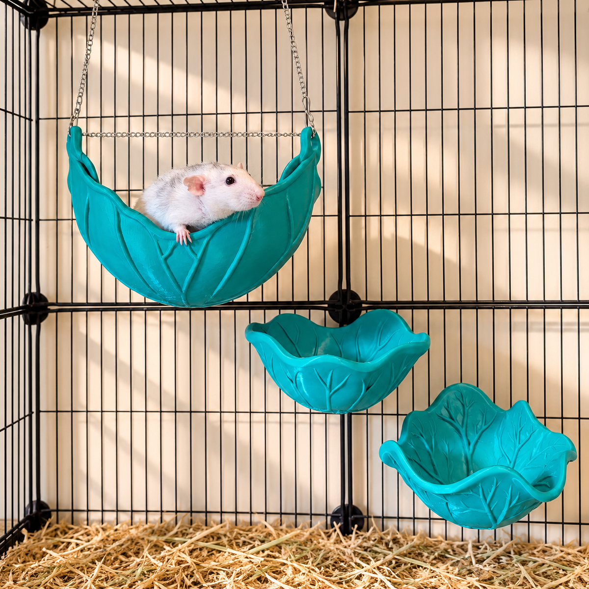 A cream rat sits in the green suspended leaf hammock above two different leaf shelves in a warm cage setting.