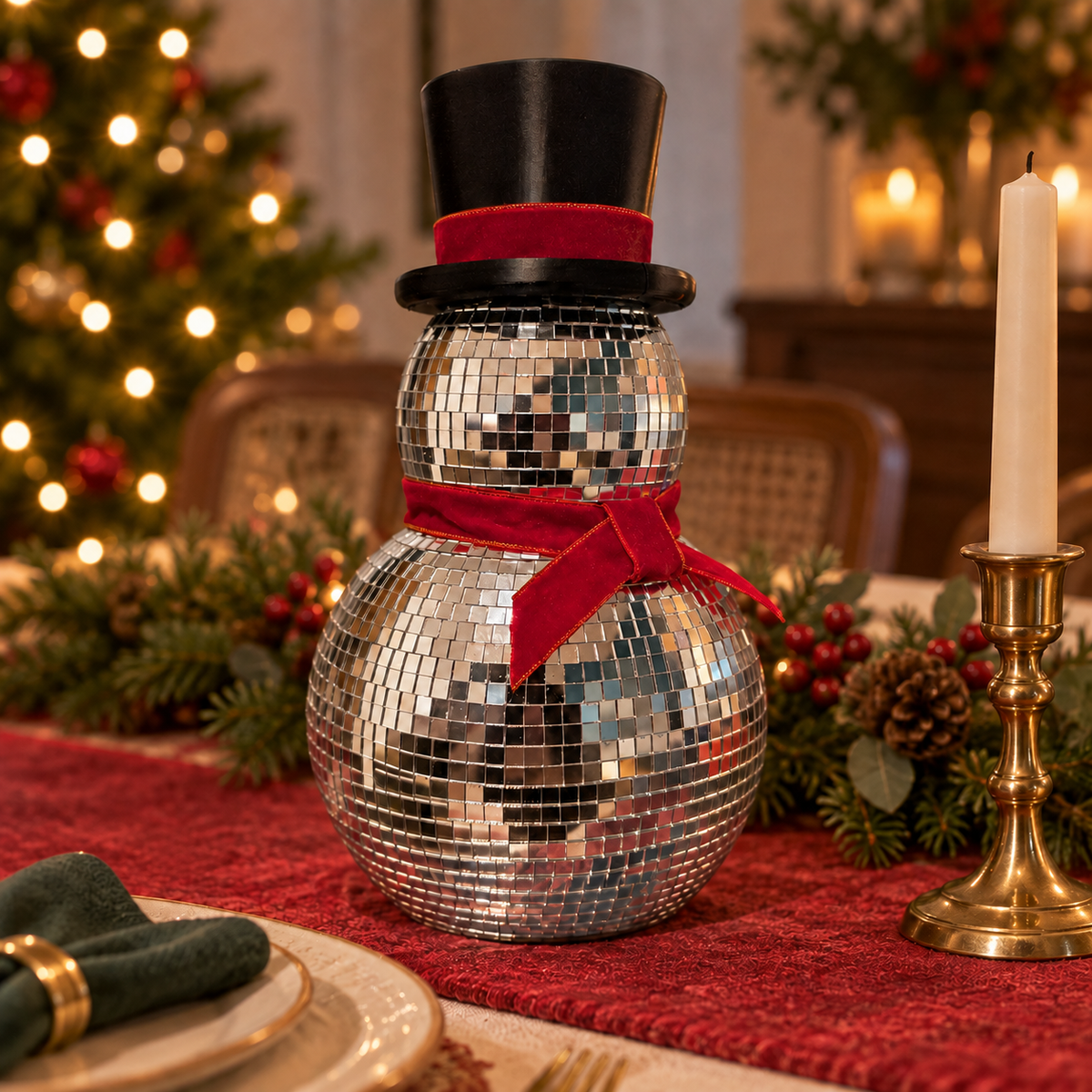 Silver glass mirror ball snowman with black top hat and red bow in warm festive styling
