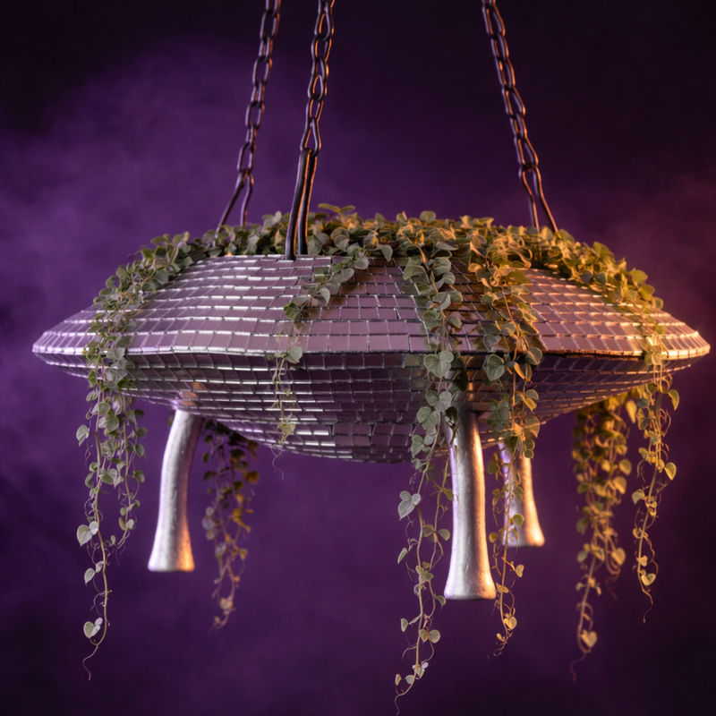 The Mothership UFO mirror ball hanging planter with trailing plant