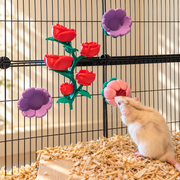 Cream rat using the pink forage flower with the complete four-piece flower set mounted on cage bars