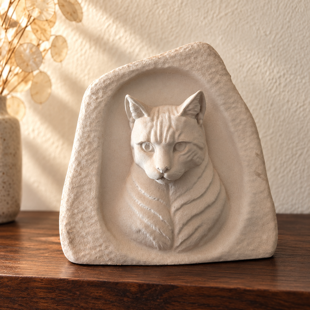 Front of pale cat portrait relief memorial stone