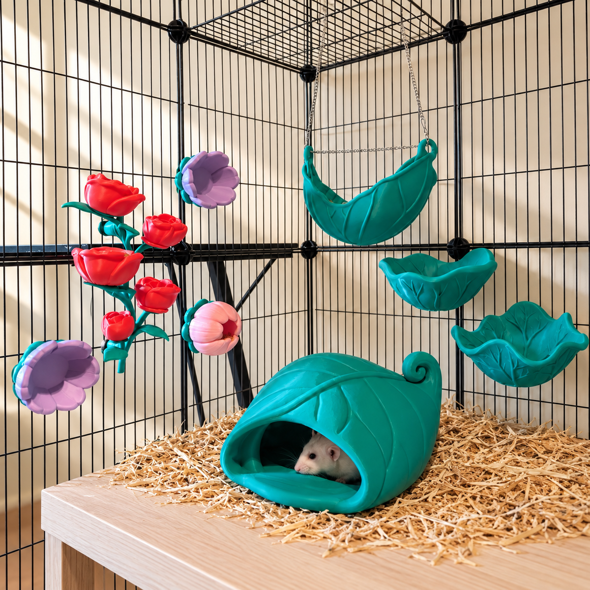 Eight botanical rat cage accessories in teal green, red, purple and pink, with a white rat resting inside the leaf hide.