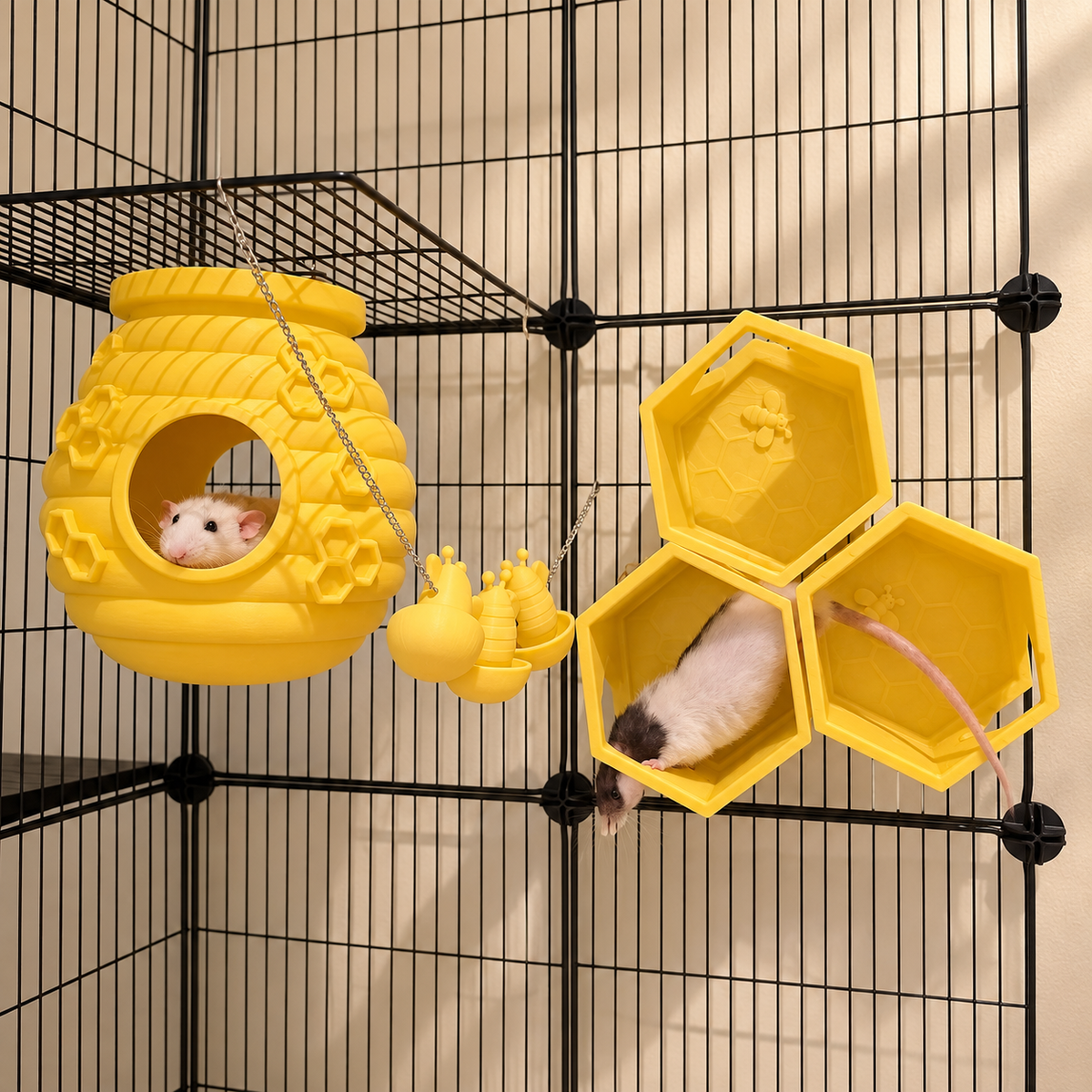 Yellow bee rat cage set with a rat peeking from the hive and a black-and-white rat climbing on three honeycomb shelves.