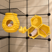 Yellow bee rat cage set with a rat peeking from the hive and a black-and-white rat climbing on three honeycomb shelves.