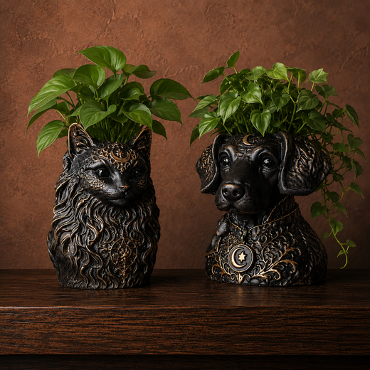 The Moon Familiar custom cast stone pet planter shown as dog and cat examples