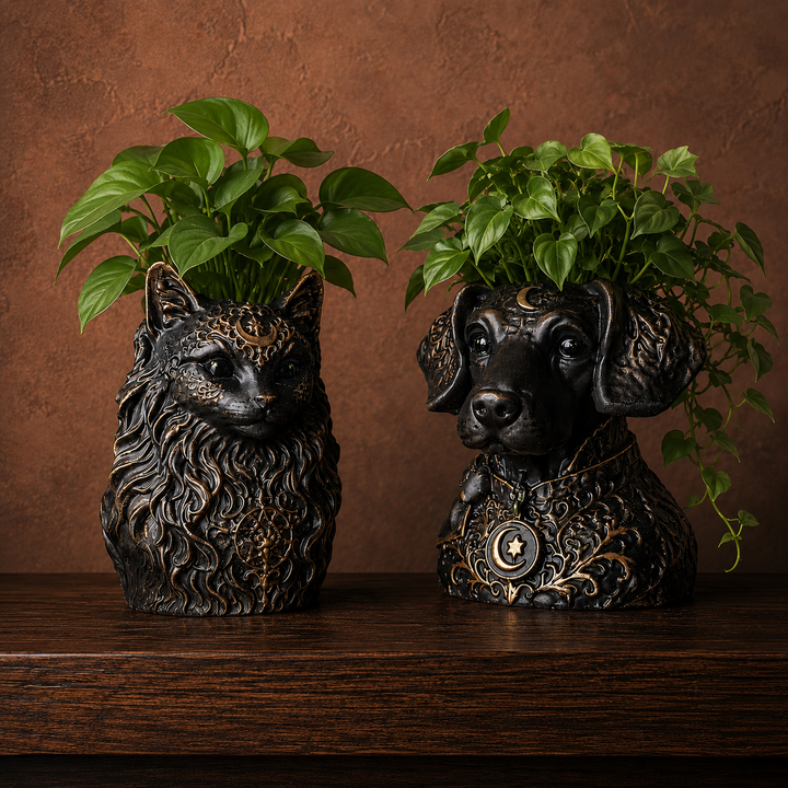 The Moon Familiar custom cast stone pet planter shown as dog and cat examples