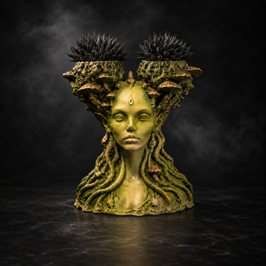 Mycelia Fungal Faerie Queen cast stone mushroom head planter front view