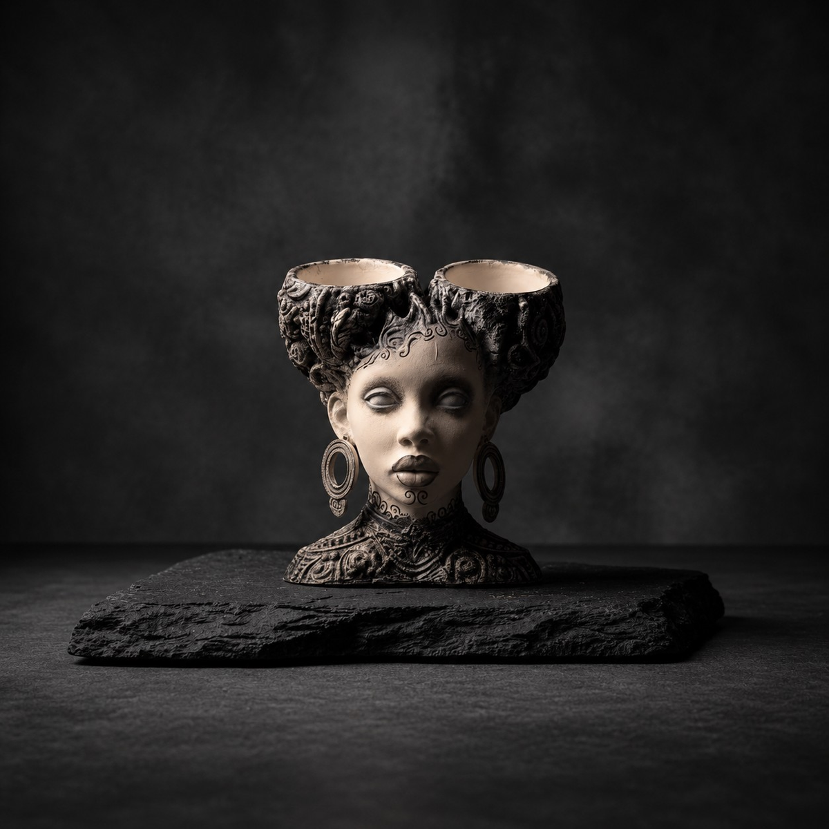 Black and ivory woman bust planter with twin baroque hair planting bowls on a dark backdrop
