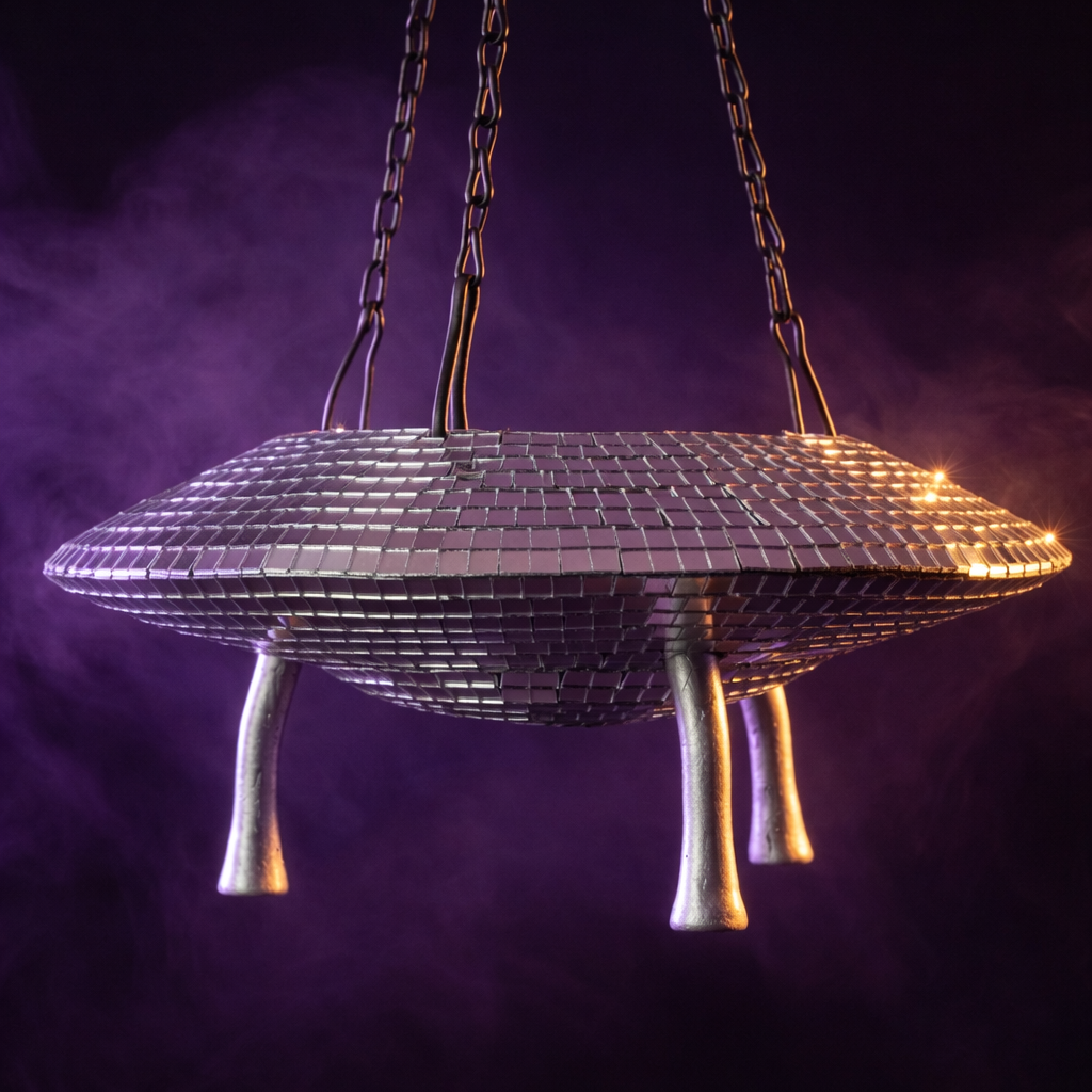 Hanging UFO disco ball planter with chains and four legs