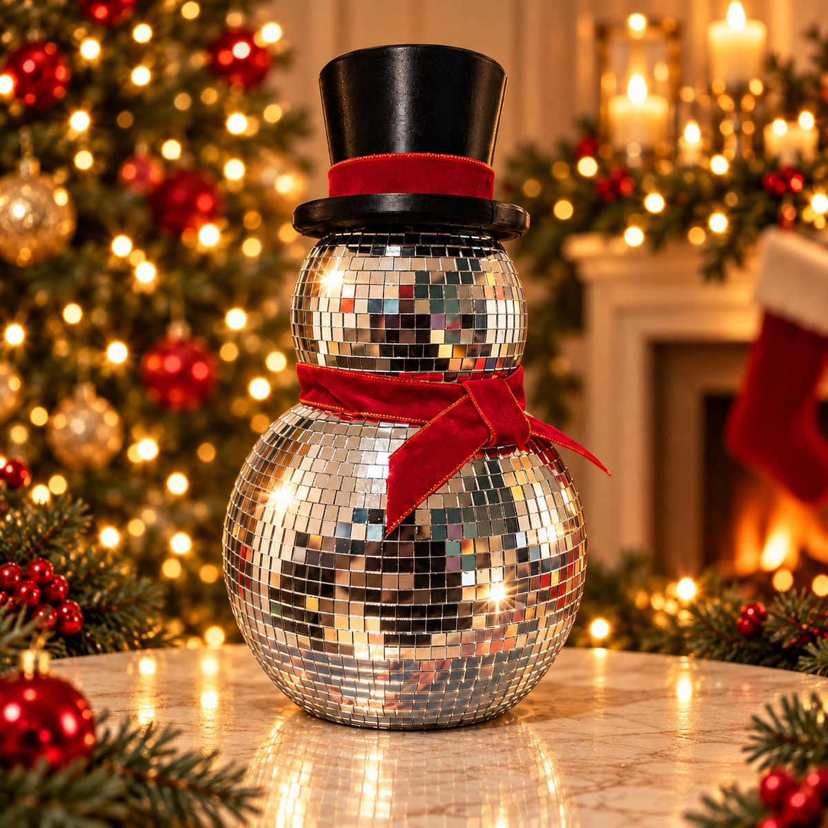 Mirror Ball Snowman Decoration with black top hat and red bow in warm Christmas lights