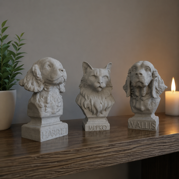 Warm Marble Grey custom pet bust examples with engraved bases