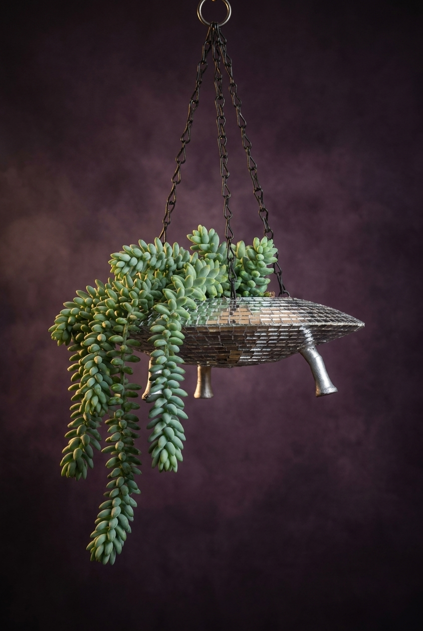 The Mothership disco mirror ball hanging planter - 02-burros-tail