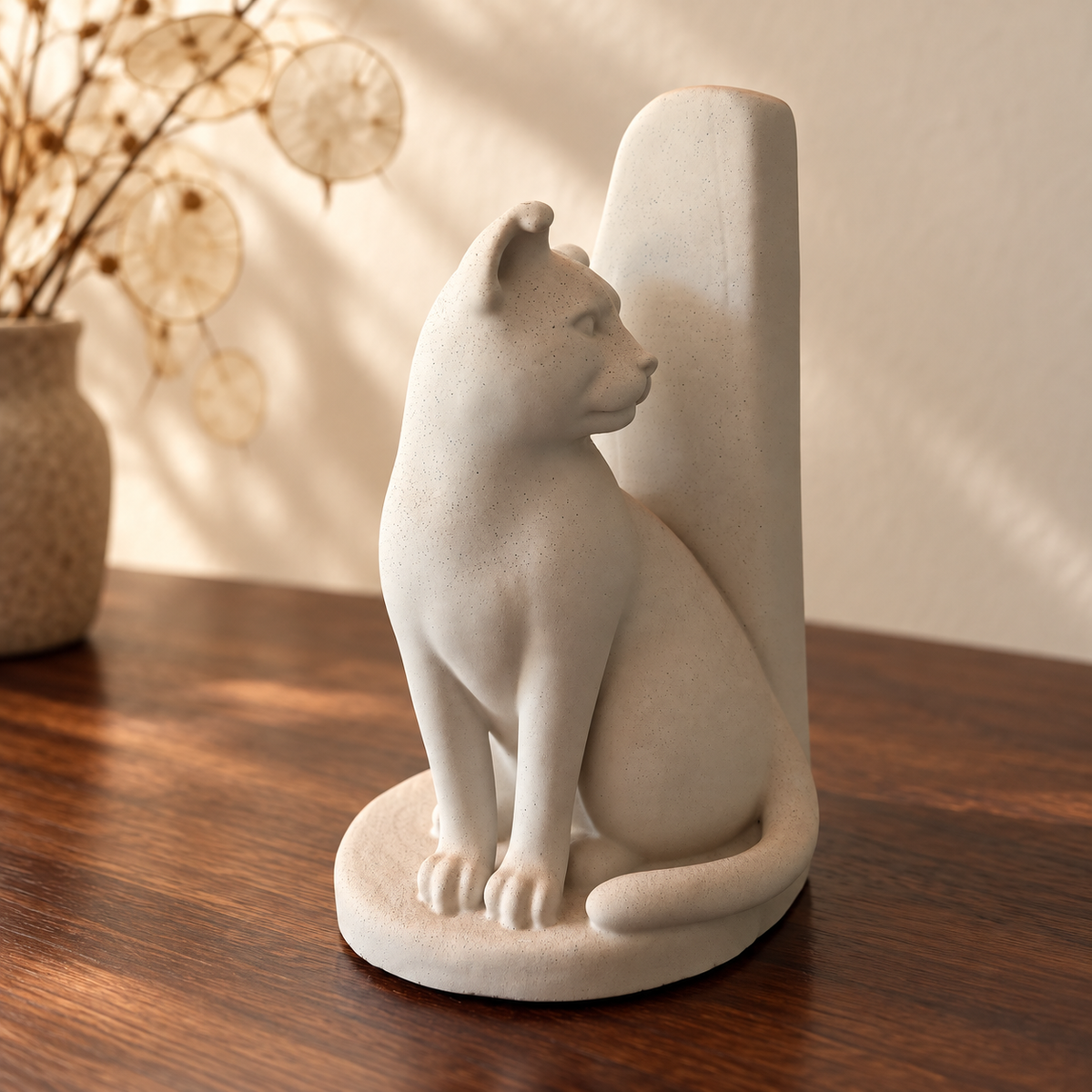 Side view of seated cat bookend with curved tail