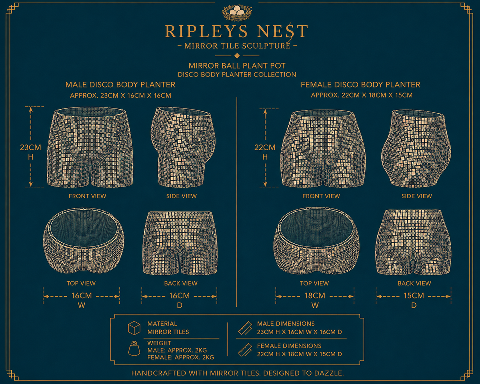 Dimensions for male and female silver mirror tile body planters