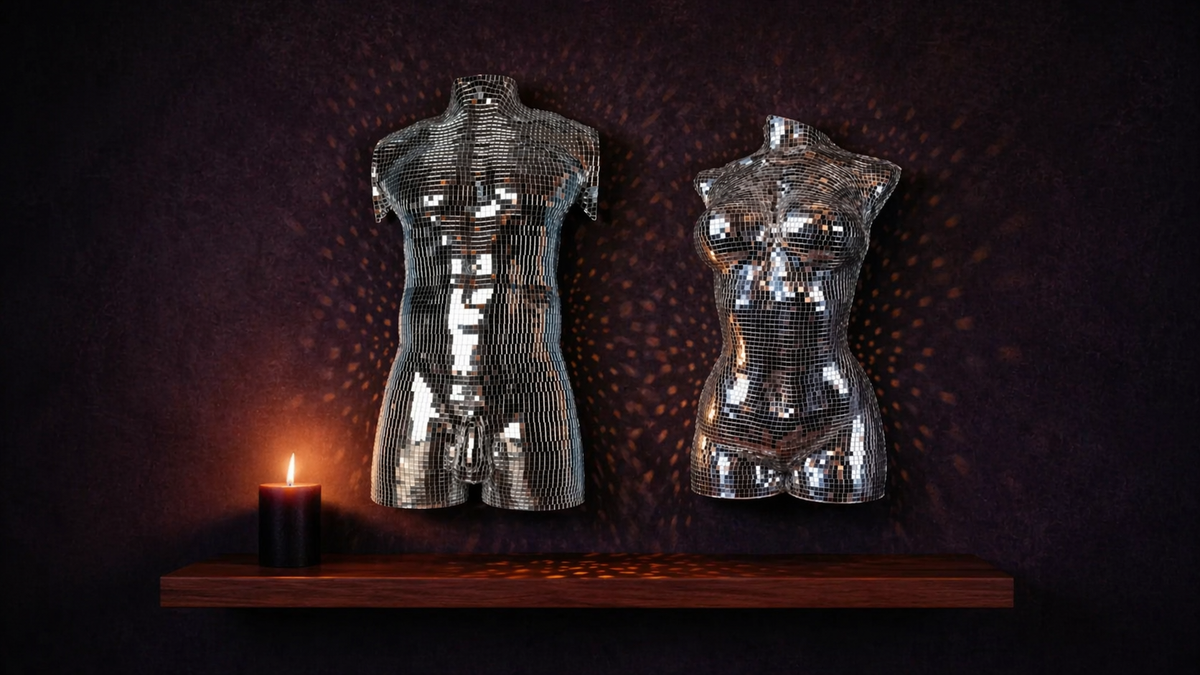 Midnight Icons mirror ball wall art duo on shelf with candle