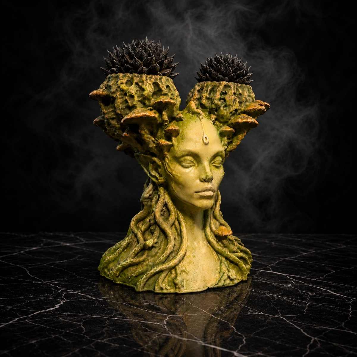 Mycelia mushroom face planter three quarter view with sculpted faerie face
