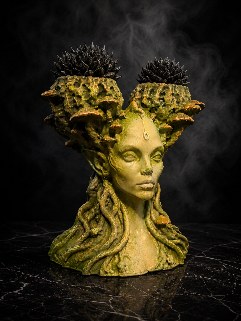 Mycelia mushroom face planter three quarter view with sculpted faerie face