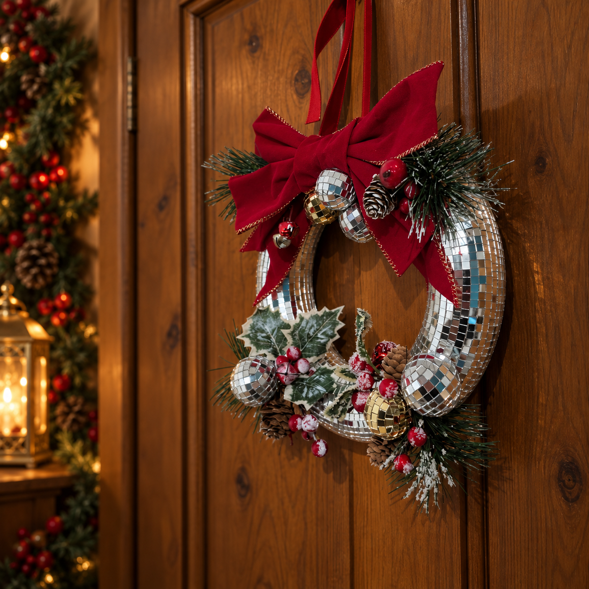 Mirror ball Christmas wreath: opposite-side view