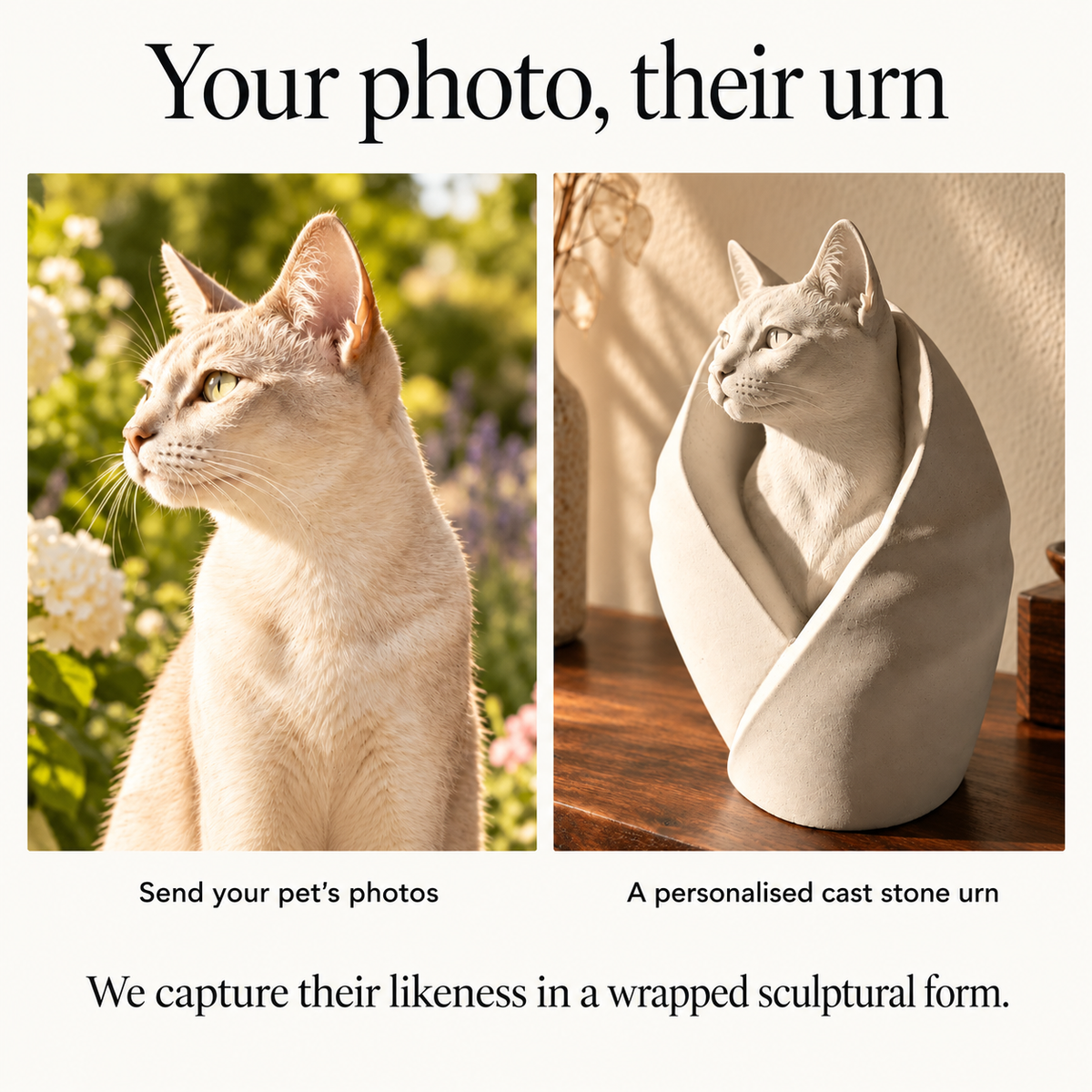 Cat portrait beside its matching wrapped pet urn with photo personalisation explanation
