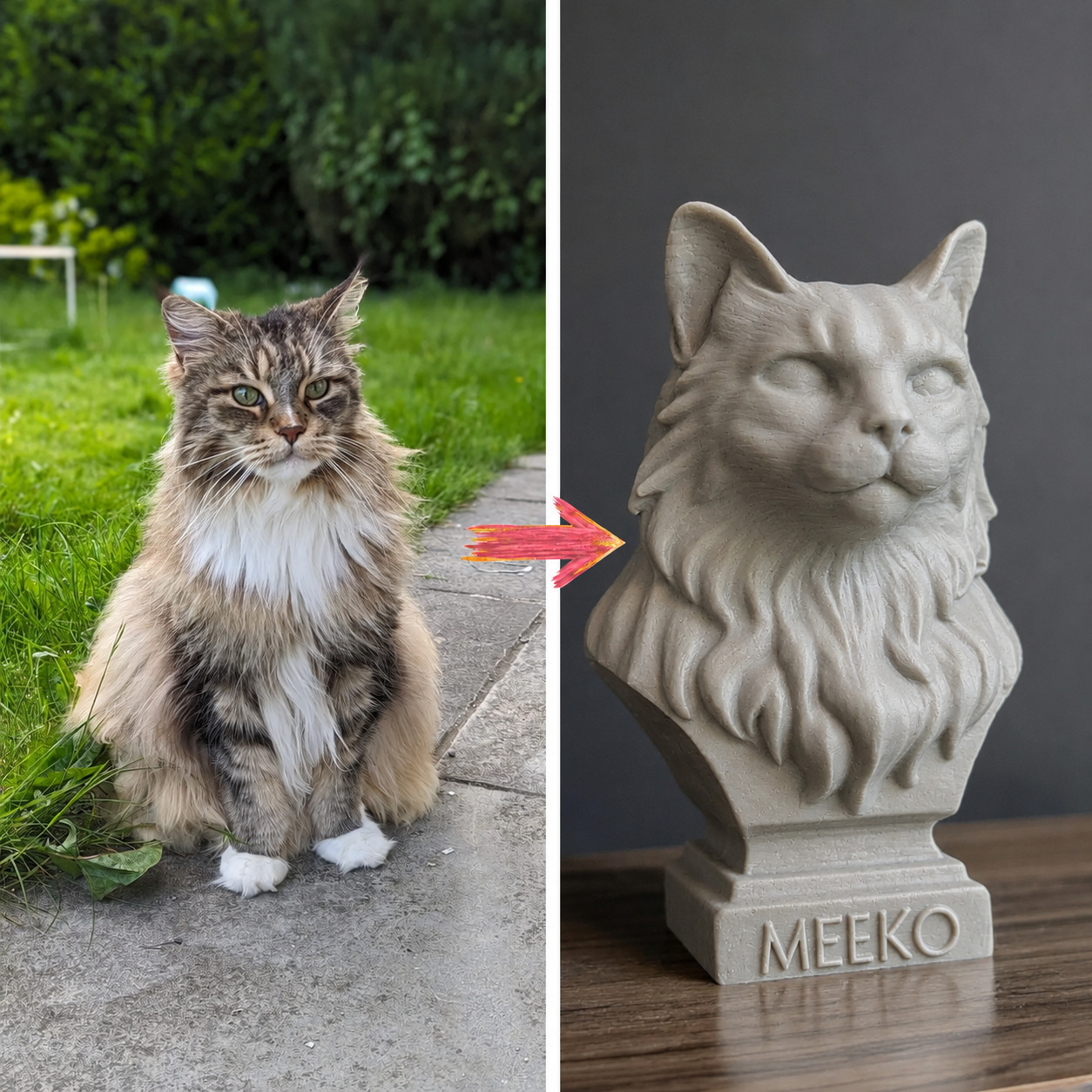 Customer cat photo beside Warm Marble Grey custom cat bust